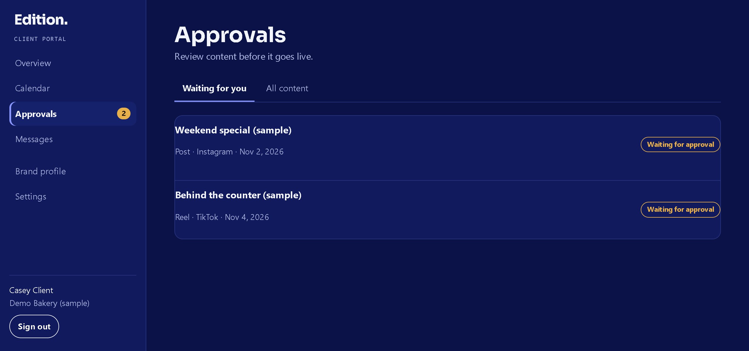 The client portal approvals page showing posts waiting for approval