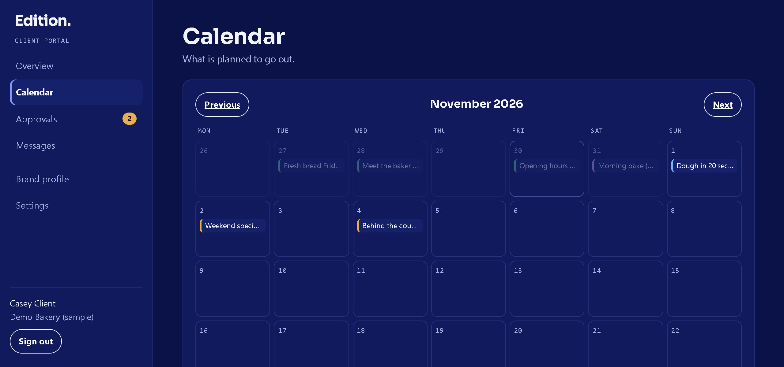 The client portal calendar showing planned posts for the month